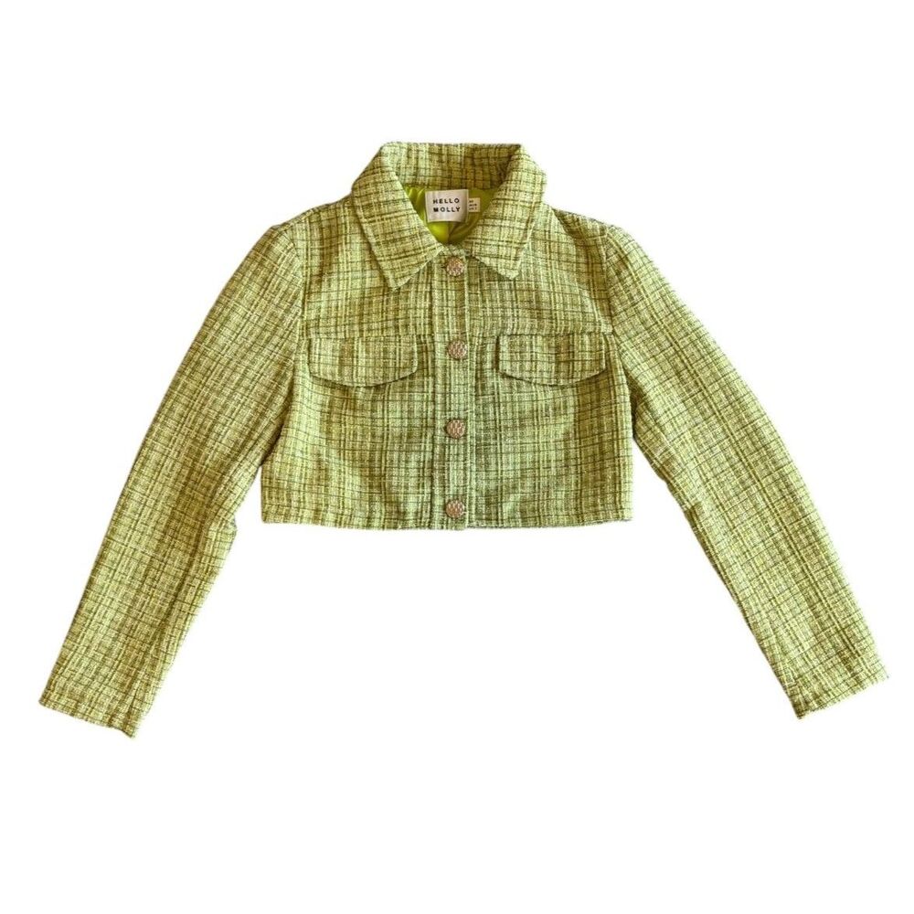 Hello Molly Lime Green Coquette Preppy Tweed Cropped Collared Blazer Jacket XS - Picture 5 of 7